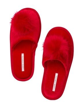 Victoria's Secret Red Plush Pom Slip-On Slippers